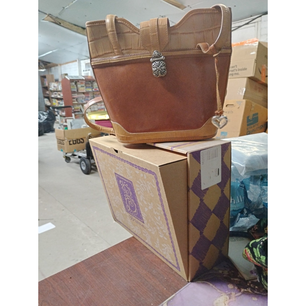 BRIGHTON Tan Cream Brown Croc Leather Bucket Shoulder Handbag Satchel Purse Bag - Picture 2 of 11